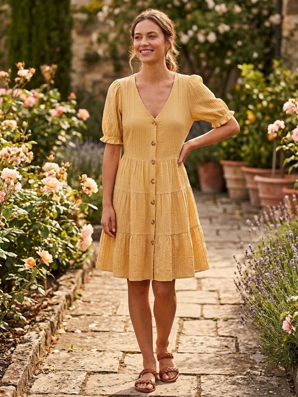 mine Yellow Button-Front Tiered Midi Dress
